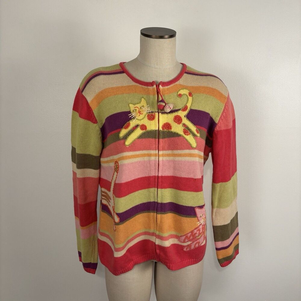 Vintage Y2K Susan Bristol Large Knit Cardigan Sweater Full Zip Cat Mouse Striped
